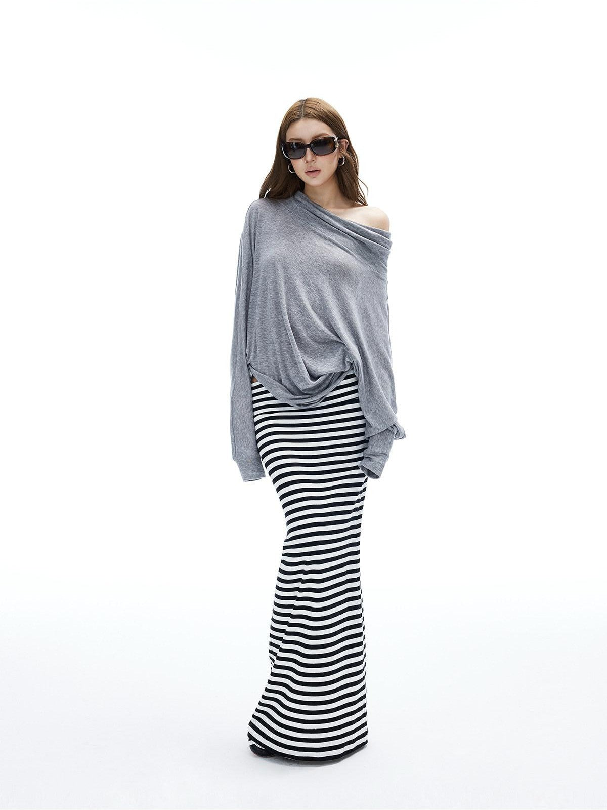 iamxiaa Black White Stripe Hline Foldover Waist Women&