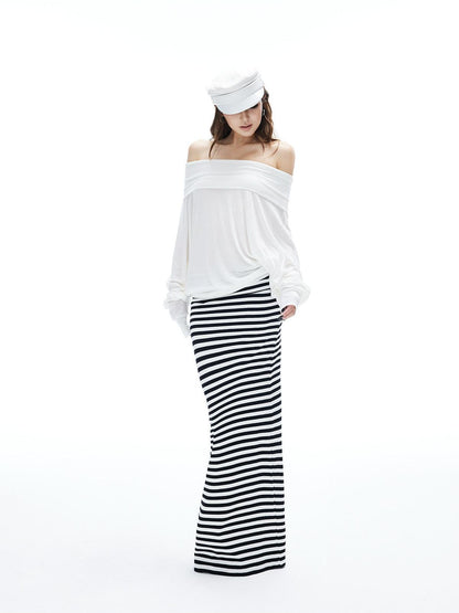 iamxiaa Black White Stripe Hline Foldover Waist Women&