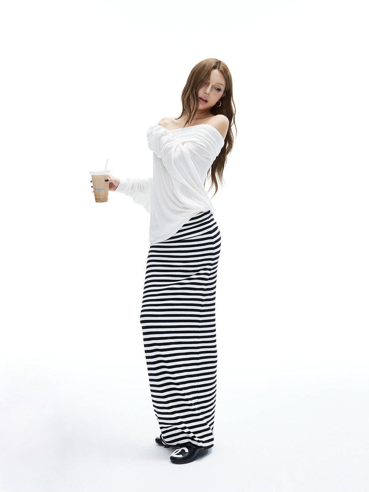iamxiaa Black White Stripe Hline Foldover Waist Women&