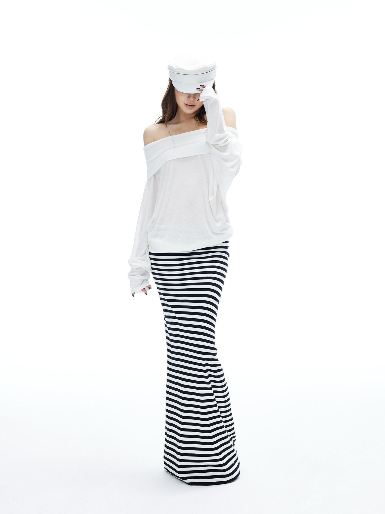 iamxiaa Black White Stripe Hline Foldover Waist Women&