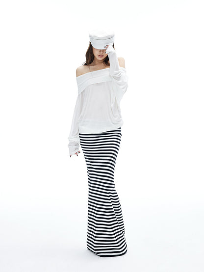 iamxiaa Black White Stripe Hline Foldover Waist Women&