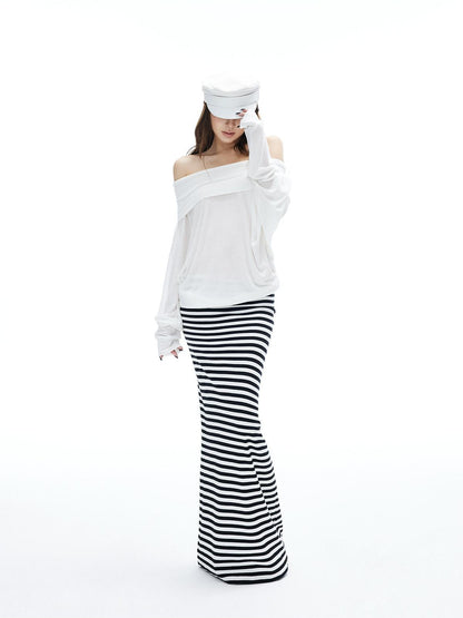 iamxiaa Black White Stripe Hline Foldover Waist Women&