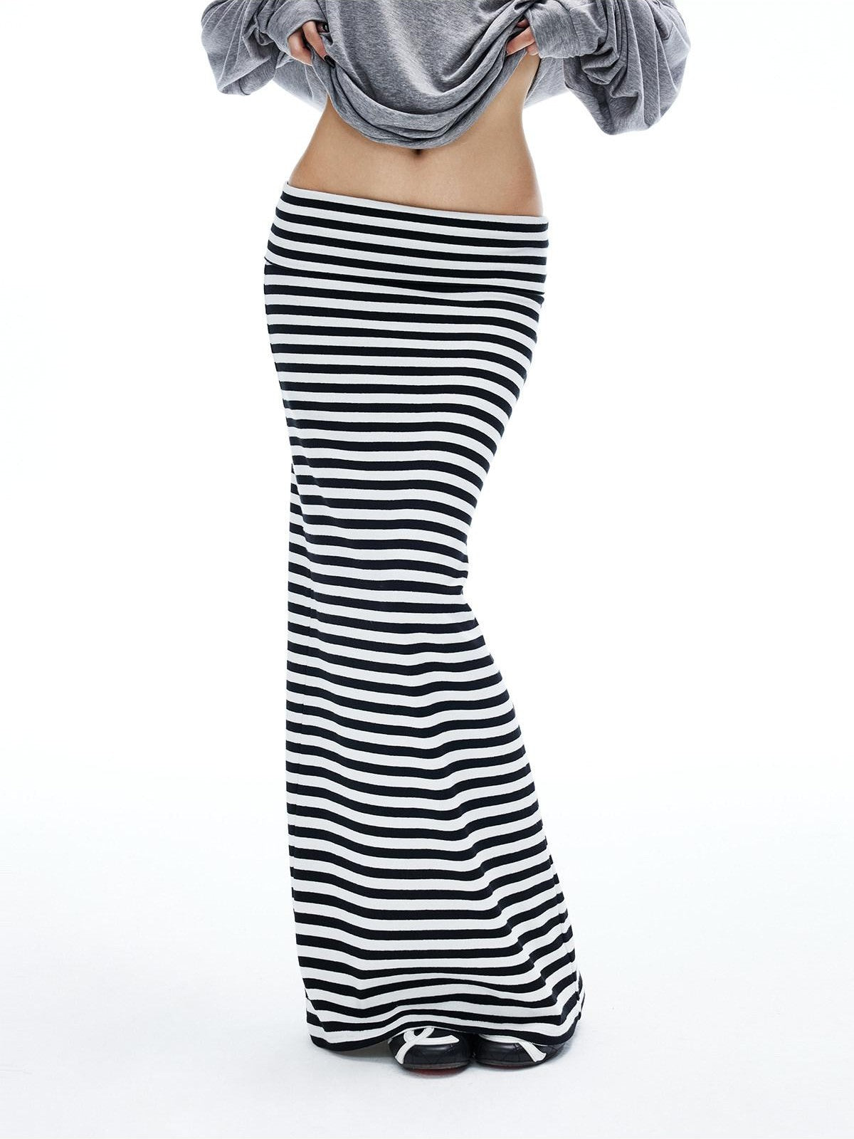iamxiaa Black White Stripe Hline Foldover Waist Women&