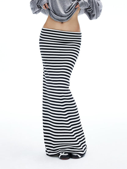 iamxiaa Black White Stripe Hline Foldover Waist Women&