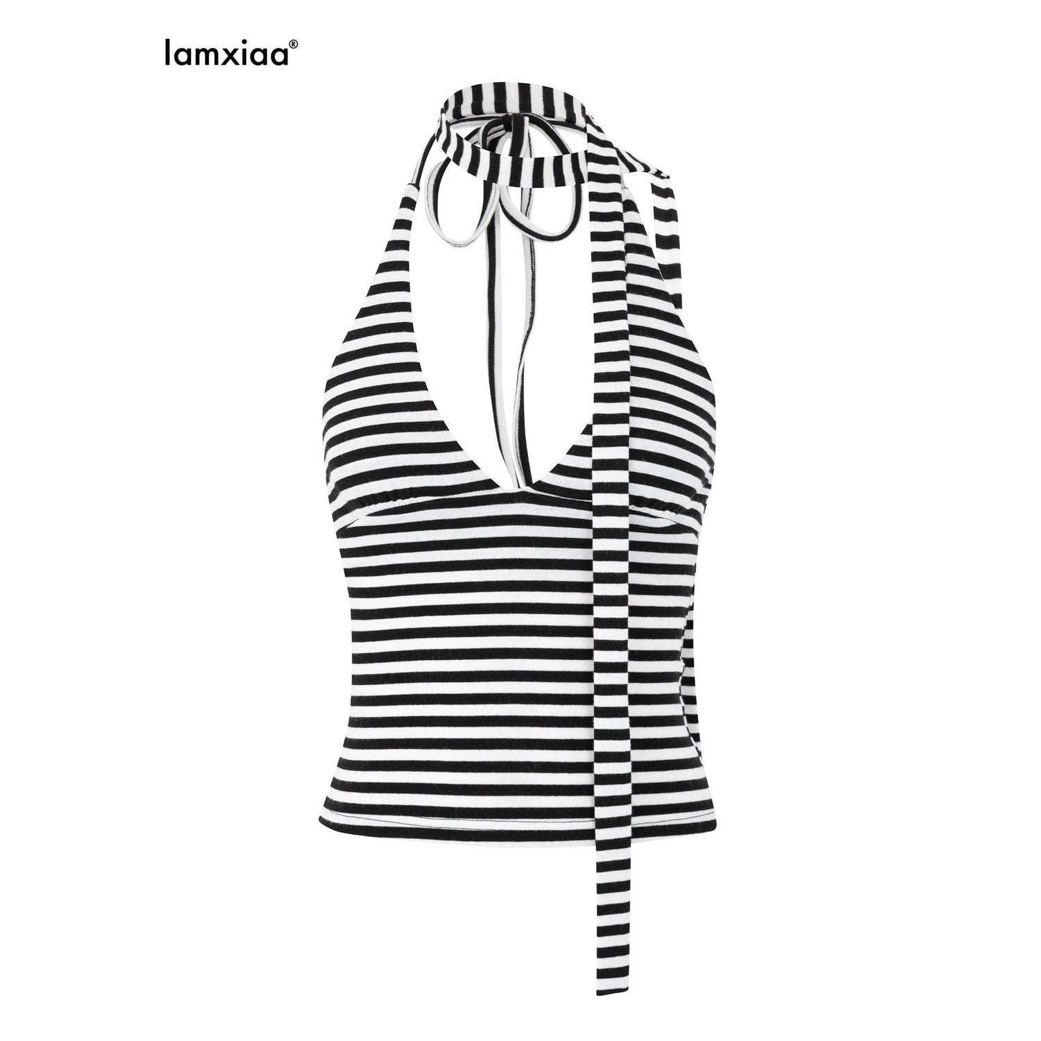 iamxiaa_Black_White_Striped_Halter_Tie_Foldover_Waist_Women&