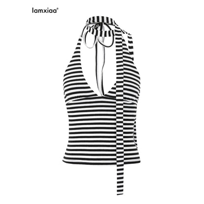 iamxiaa_Black_White_Striped_Halter_Tie_Foldover_Waist_Women&