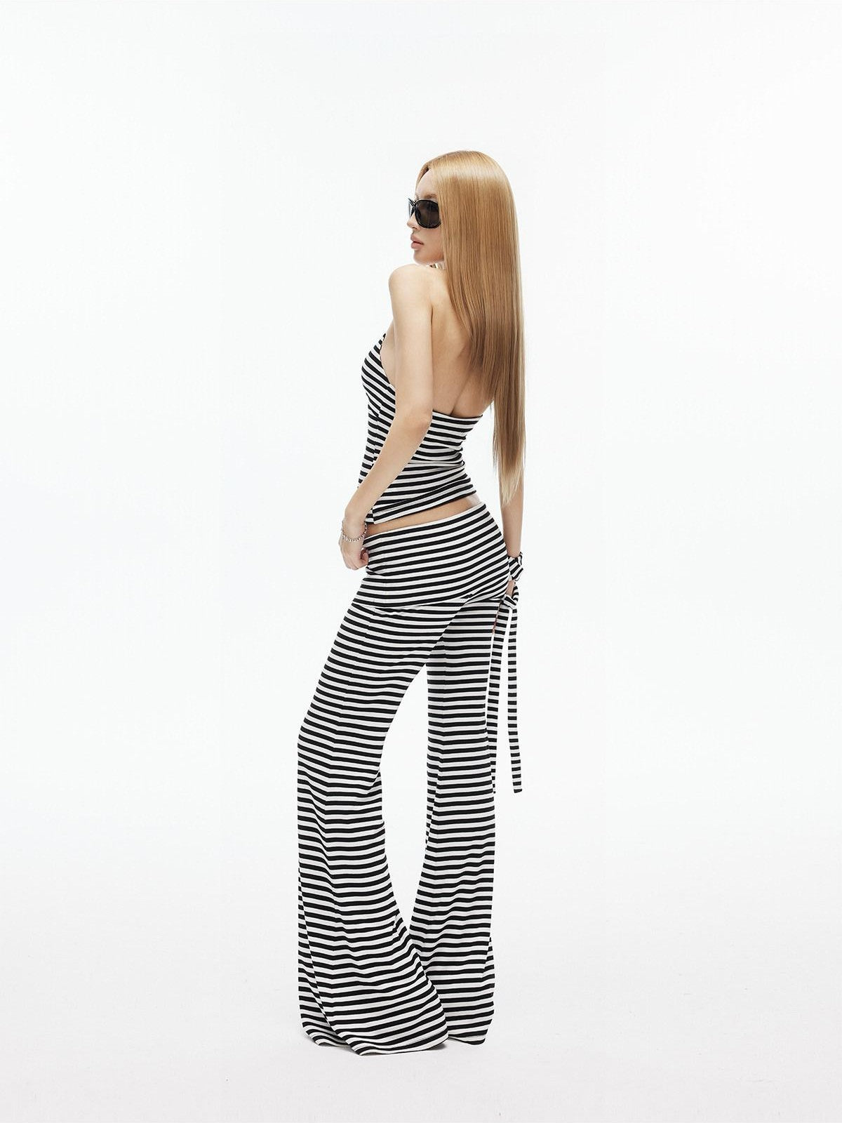iamxiaa Black White Striped Halter Tie Foldover Waist Women&