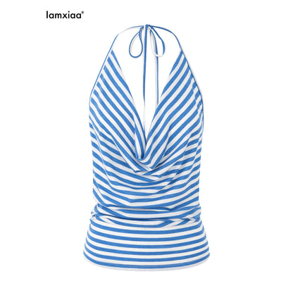 iamxiaa_Blue_White_Stripe_Ruched_Cowl_Backless_Lace_Women&