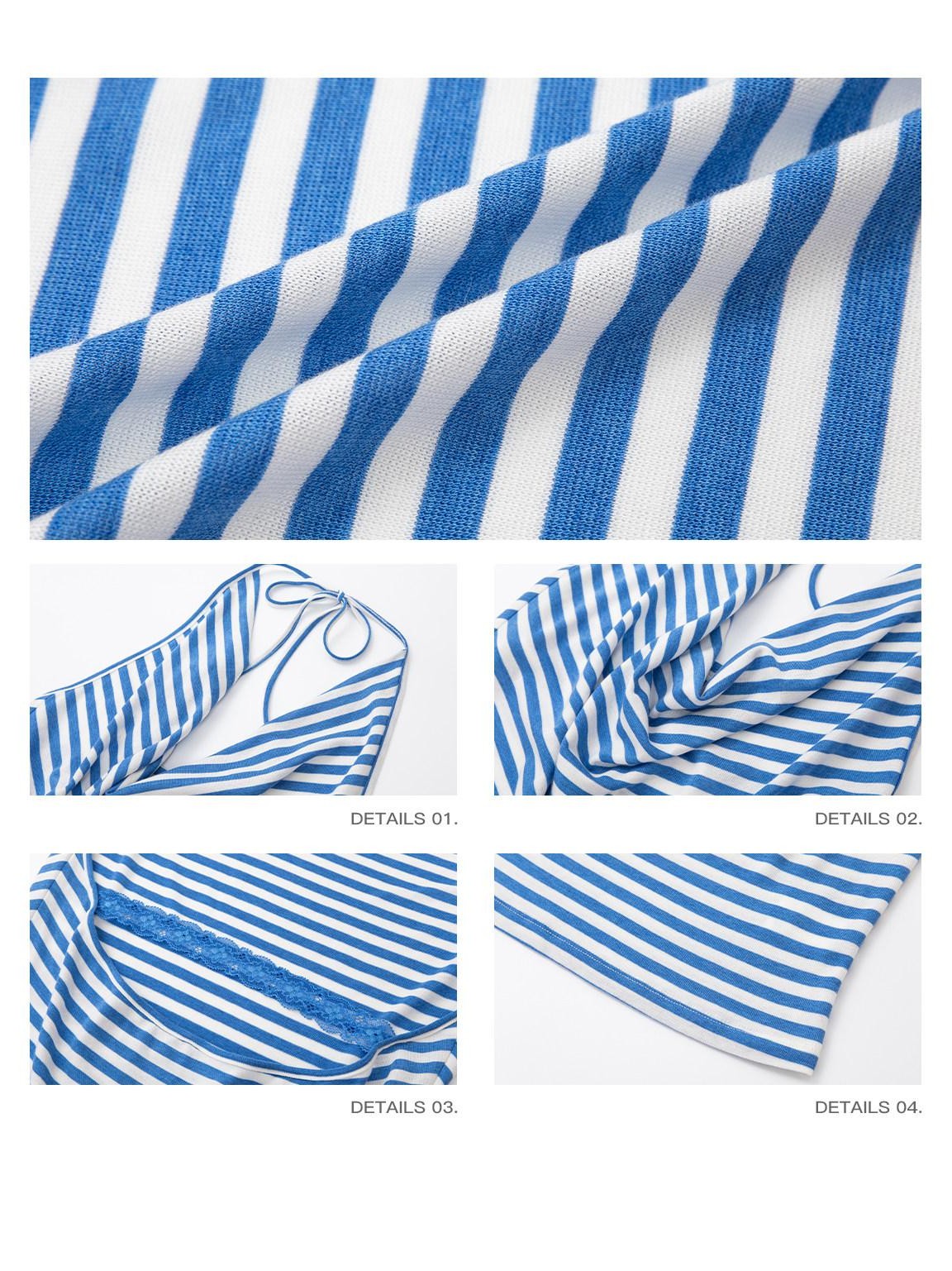 iamxiaa Blue White Stripe Ruched Cowl Backless Lace Women&
