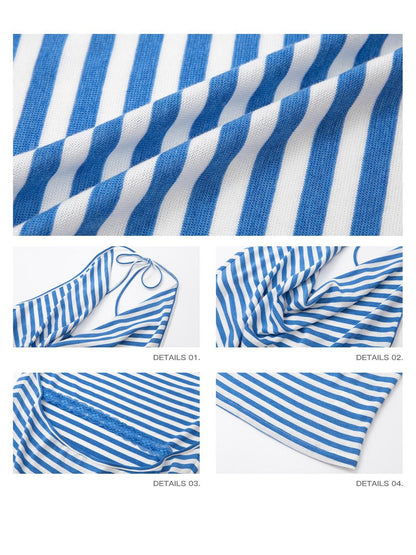 iamxiaa Blue White Stripe Ruched Cowl Backless Lace Women&