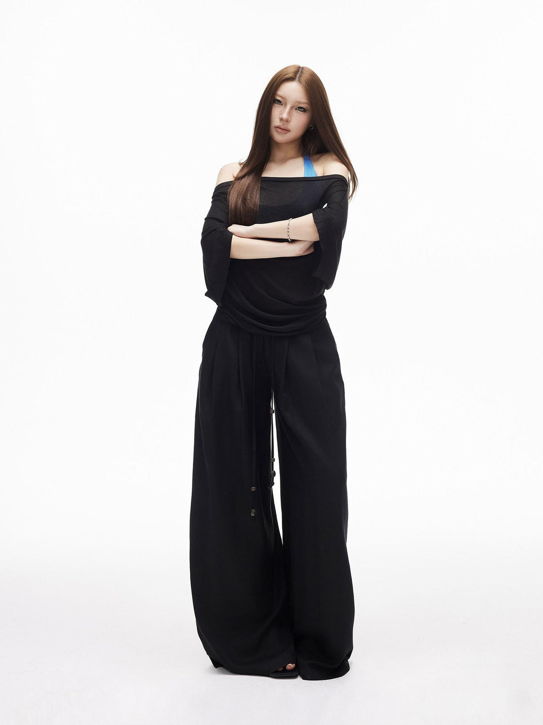 iamxiaa Breathable Textured Beaded Drawstring Double Pleat Low Rise Women&