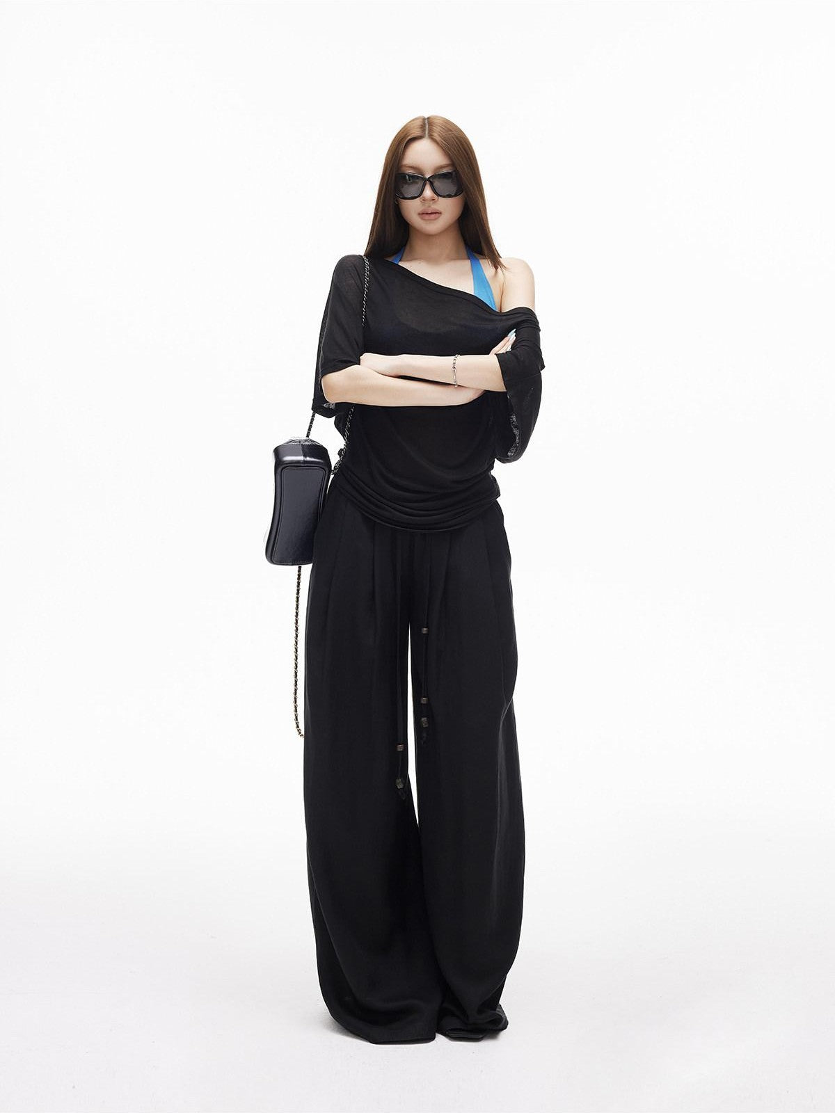 iamxiaa Breathable Textured Beaded Drawstring Double Pleat Low Rise Women&