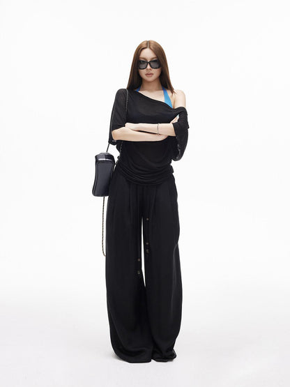 iamxiaa Breathable Textured Beaded Drawstring Double Pleat Low Rise Women&