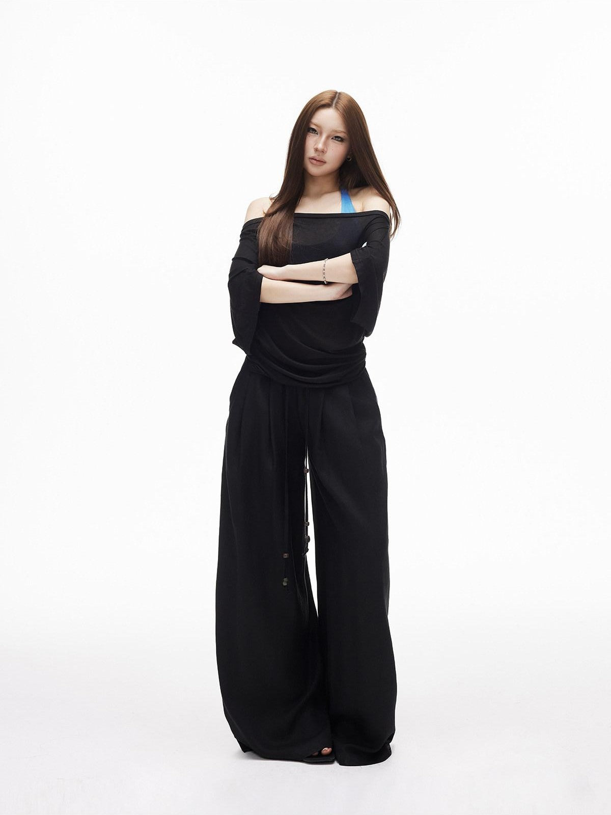 iamxiaa Breathable Textured Beaded Drawstring Double Pleat Low Rise Women&