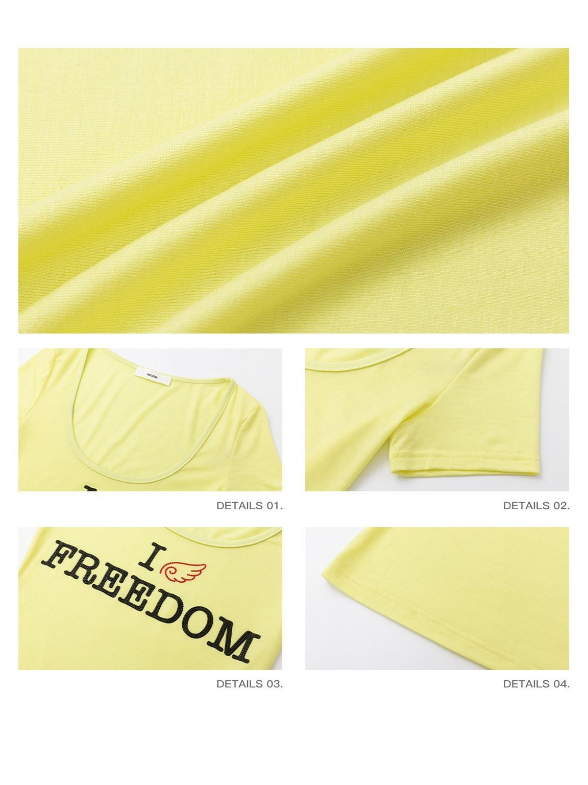 iamxiaa Bright Yellow Rhinestone Letter Wing U Neck Women&
