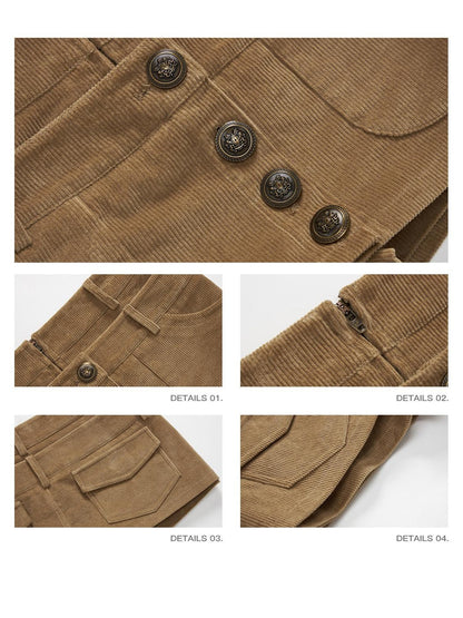 iamxiaa Bronze Buttons Faux Layered Double Waist Utility Women&