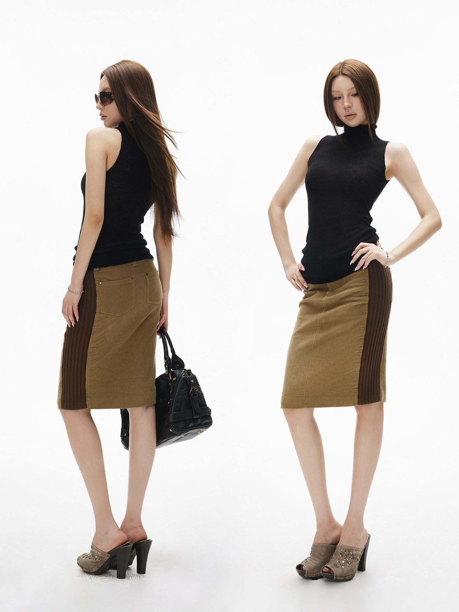 iamxiaa Brown Corduroy Contrast Rib Patchwork Women&