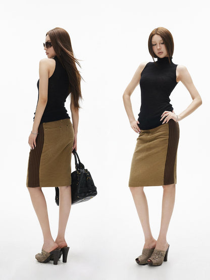 iamxiaa Brown Corduroy Contrast Rib Patchwork Women&