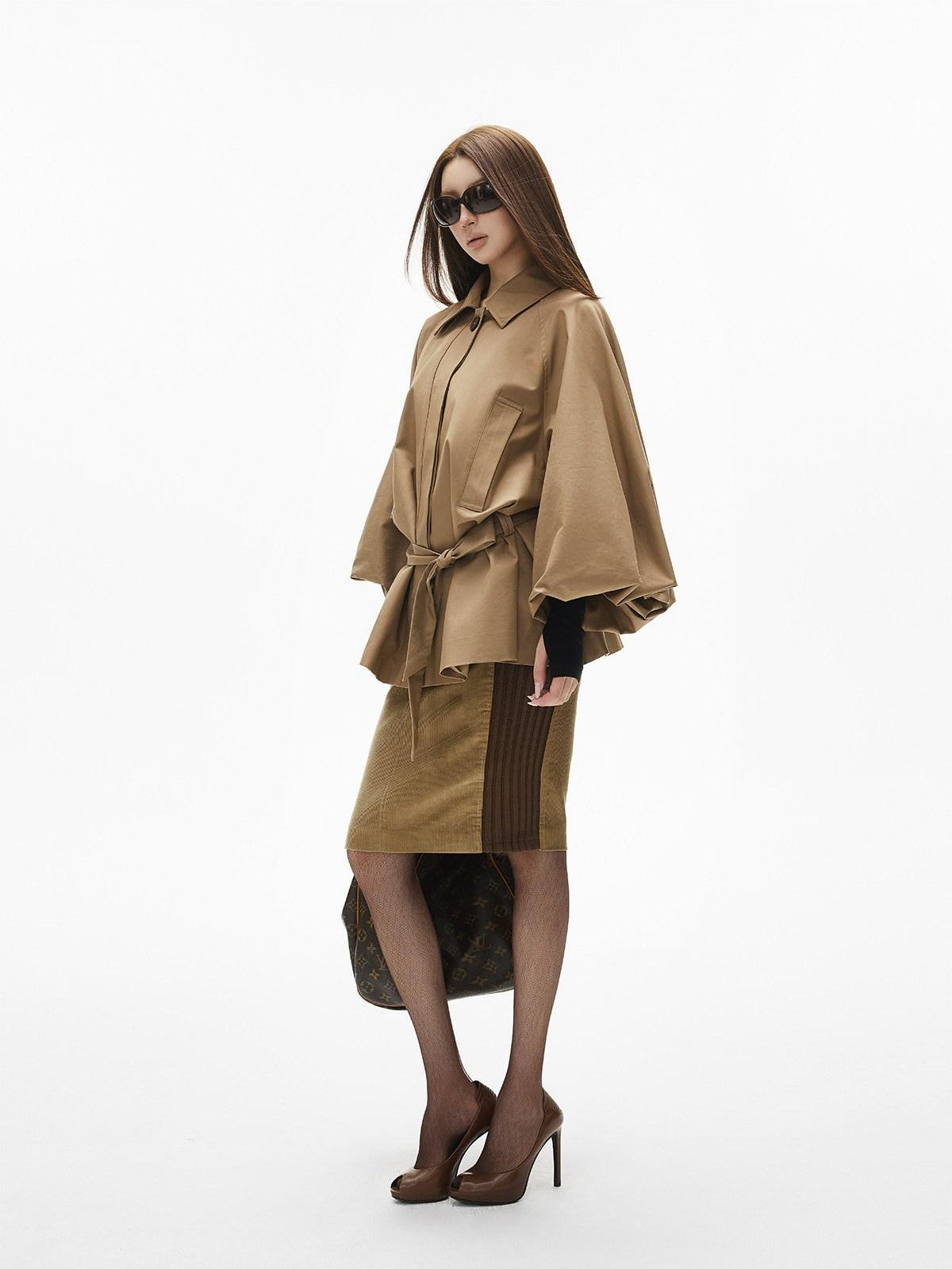 iamxiaa Brown Corduroy Contrast Rib Patchwork Women&