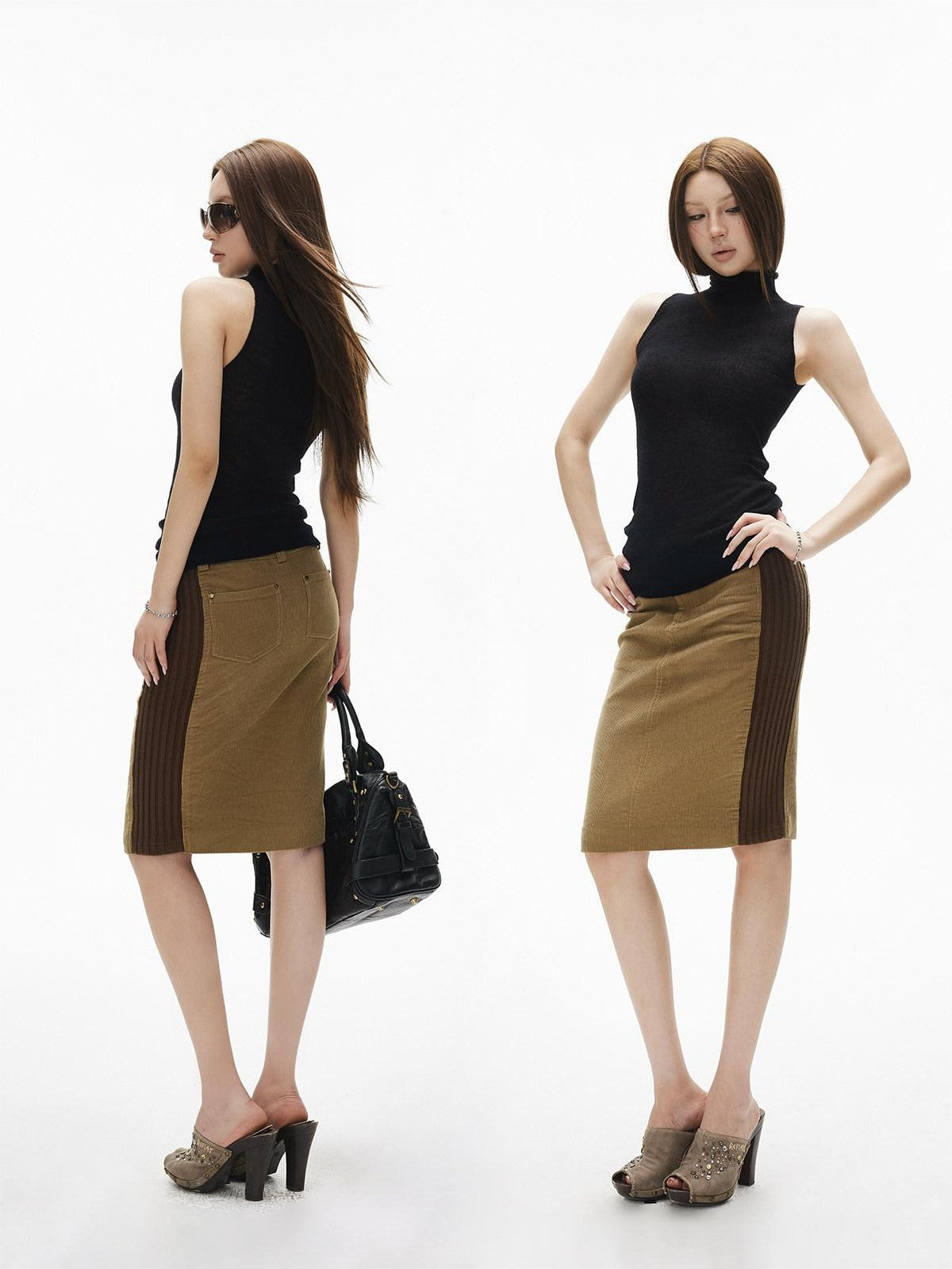 iamxiaa Brown Corduroy Contrast Rib Patchwork Women&