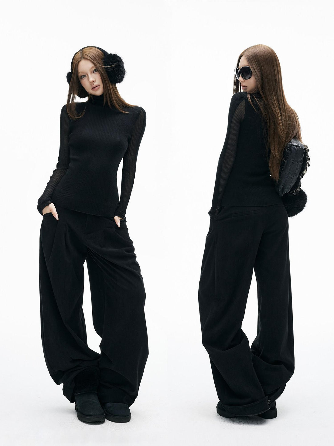 iamxiaa Brushed Double Pleat Button Cuff Curved Hem Women&