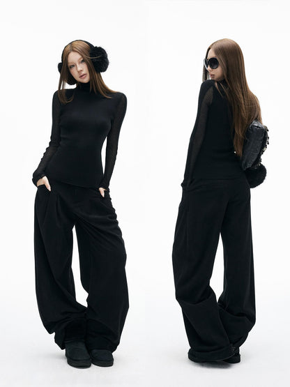 iamxiaa Brushed Double Pleat Button Cuff Curved Hem Women&