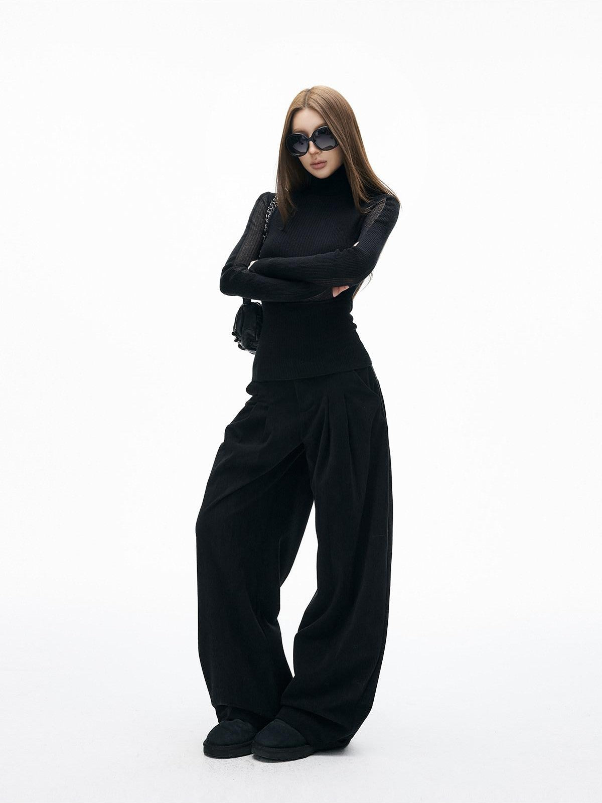 iamxiaa Brushed Double Pleat Button Cuff Curved Hem Women&