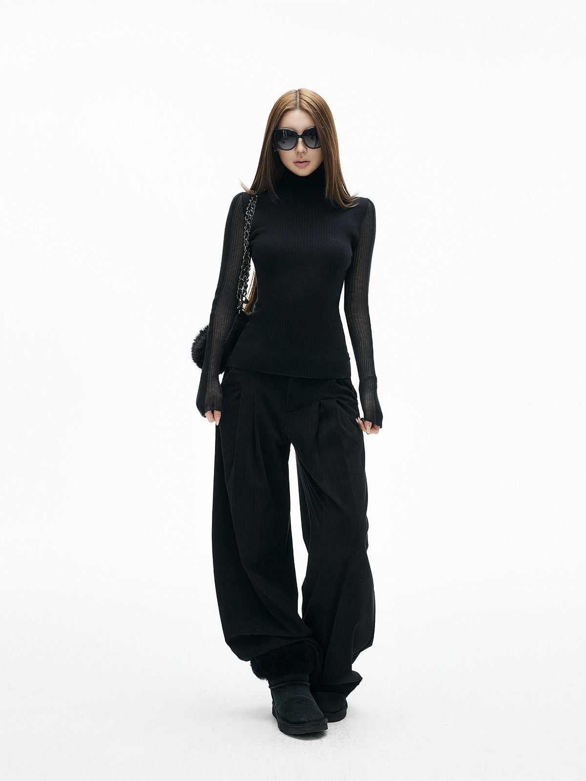 iamxiaa Brushed Double Pleat Button Cuff Curved Hem Women&