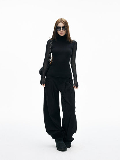 iamxiaa Brushed Double Pleat Button Cuff Curved Hem Women&