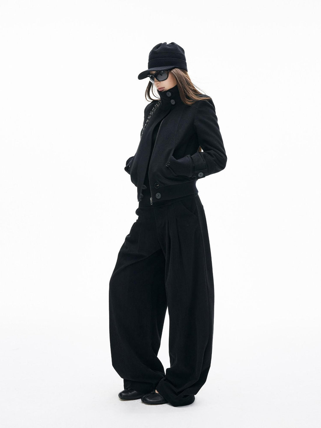 iamxiaa Brushed Double Pleat Button Cuff Curved Hem Women&
