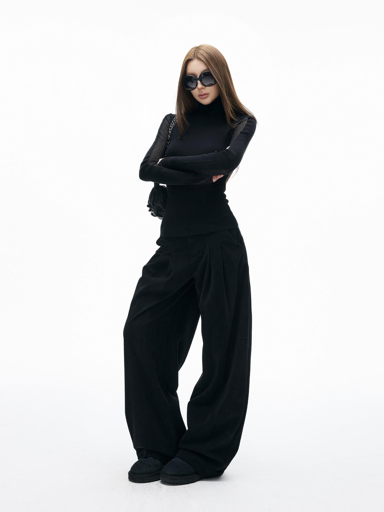iamxiaa Brushed Double Pleat Button Cuff Curved Hem Women&