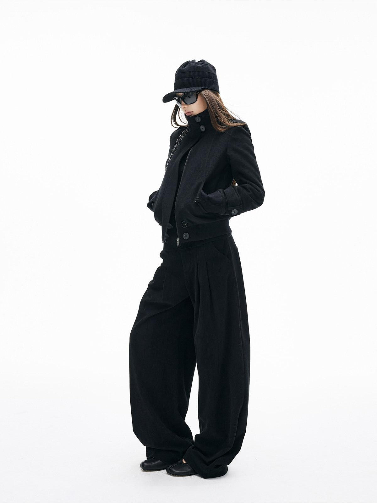 iamxiaa Brushed Double Pleat Button Cuff Curved Hem Women&