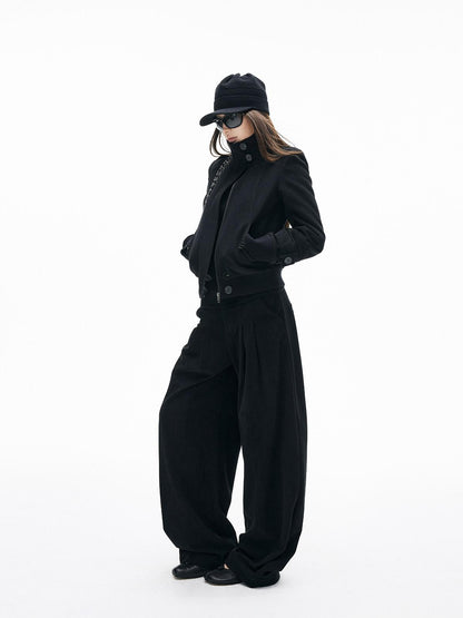 iamxiaa Brushed Double Pleat Button Cuff Curved Hem Women&