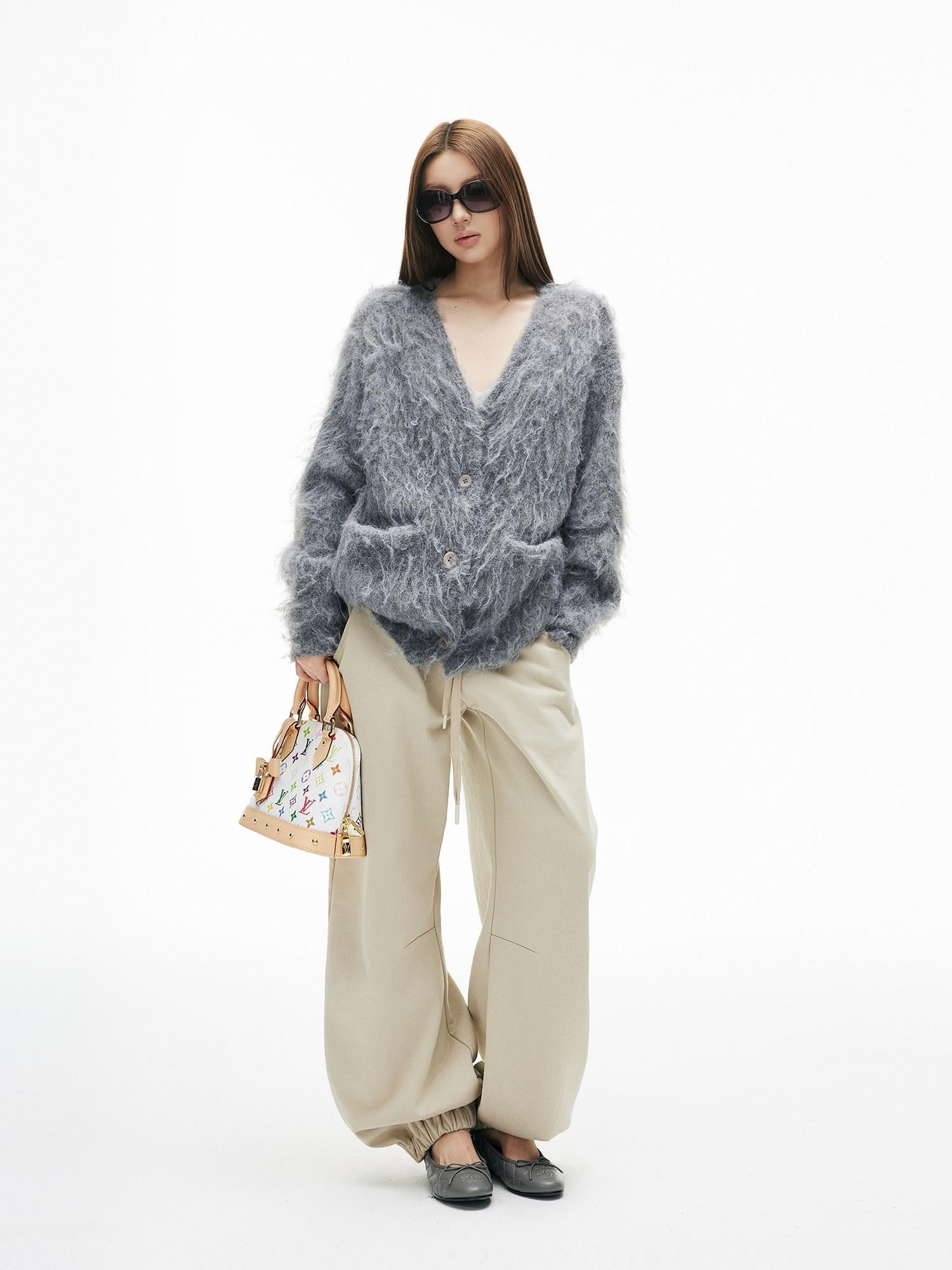 iamxiaa Brushed Texture Deep V Multi Button Relaxed Women&