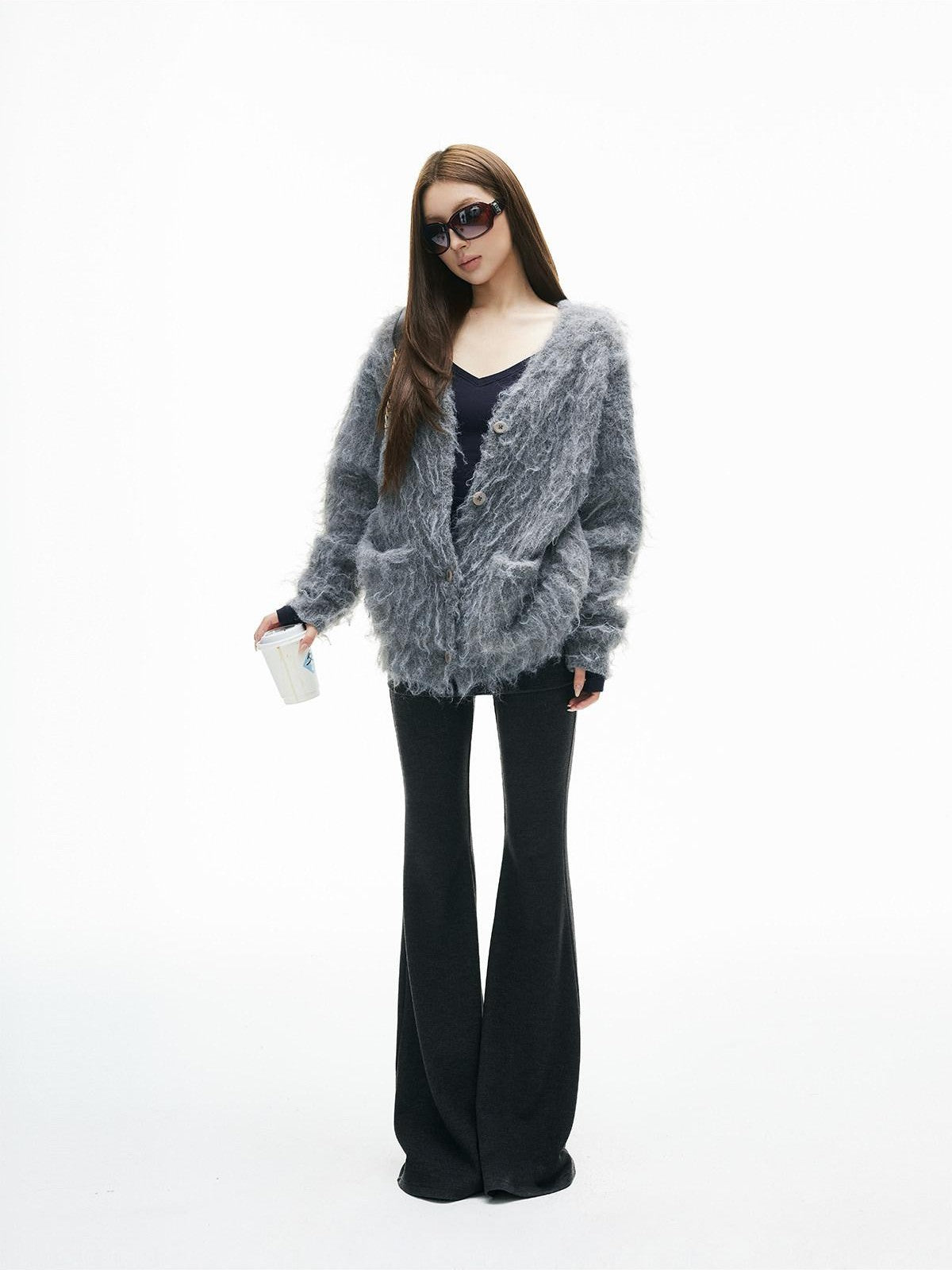 iamxiaa Brushed Texture Deep V Multi Button Relaxed Women&