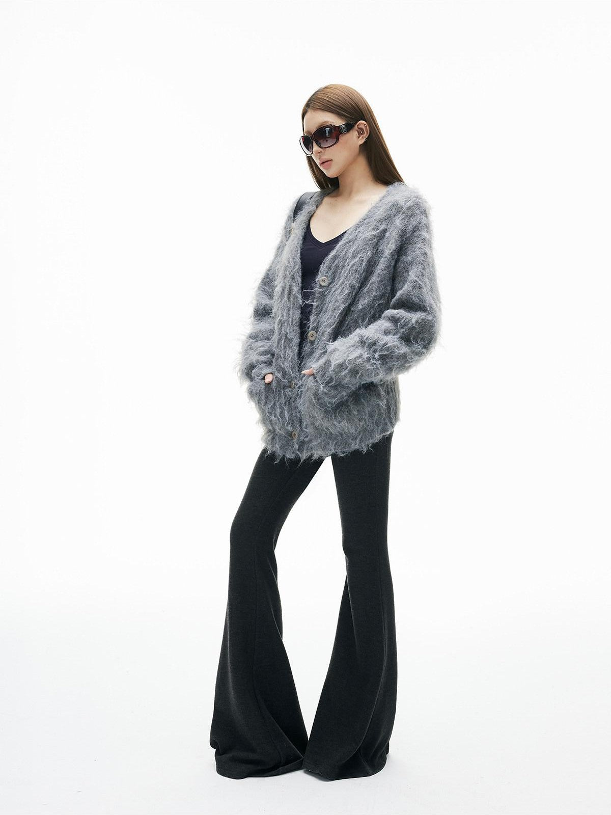 iamxiaa Brushed Texture Deep V Multi Button Relaxed Women&