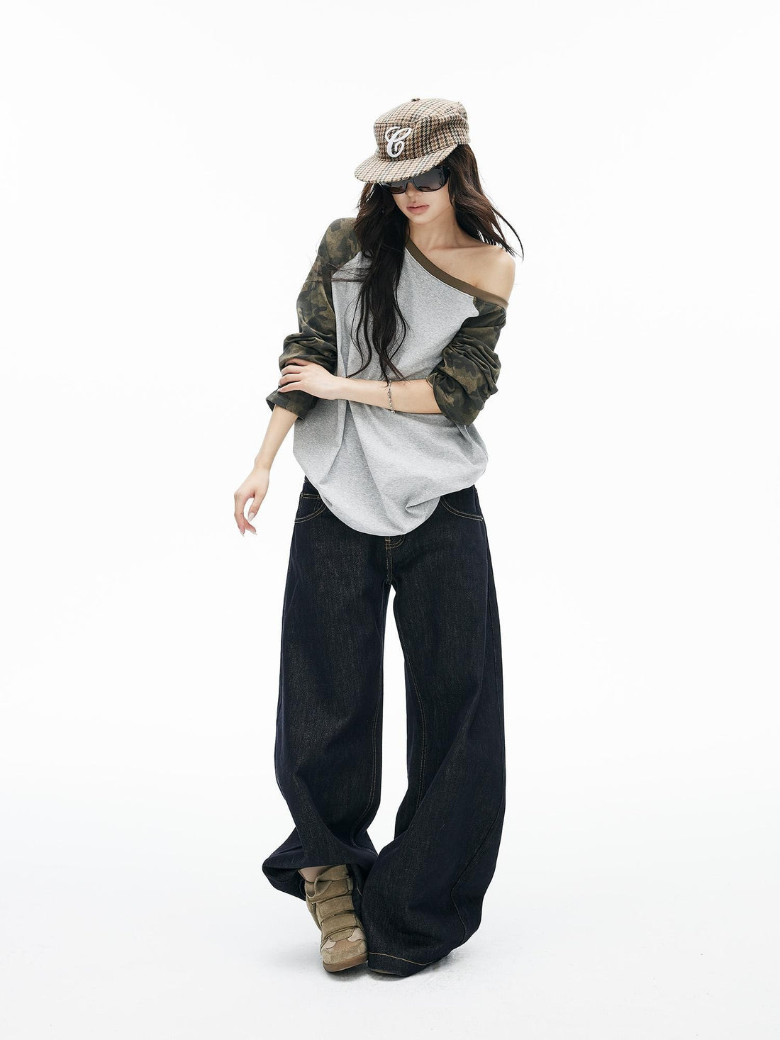 iamxiaa Camouflage Spliced Asymmetric One Shoulder Raglan Sleeve Loose Women&