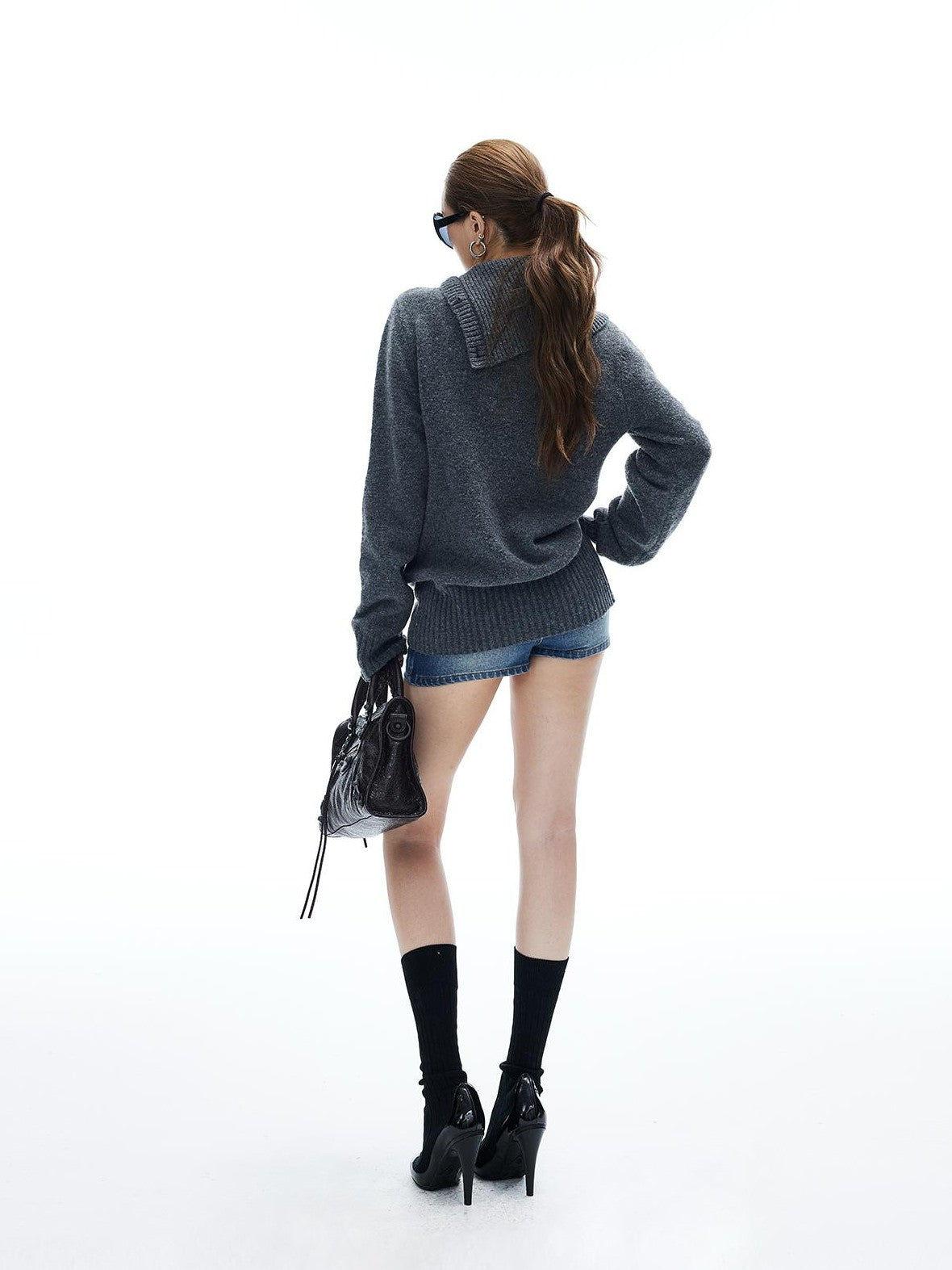 iamxiaa Chunky Knit Buttoned Foldover Collar Women&