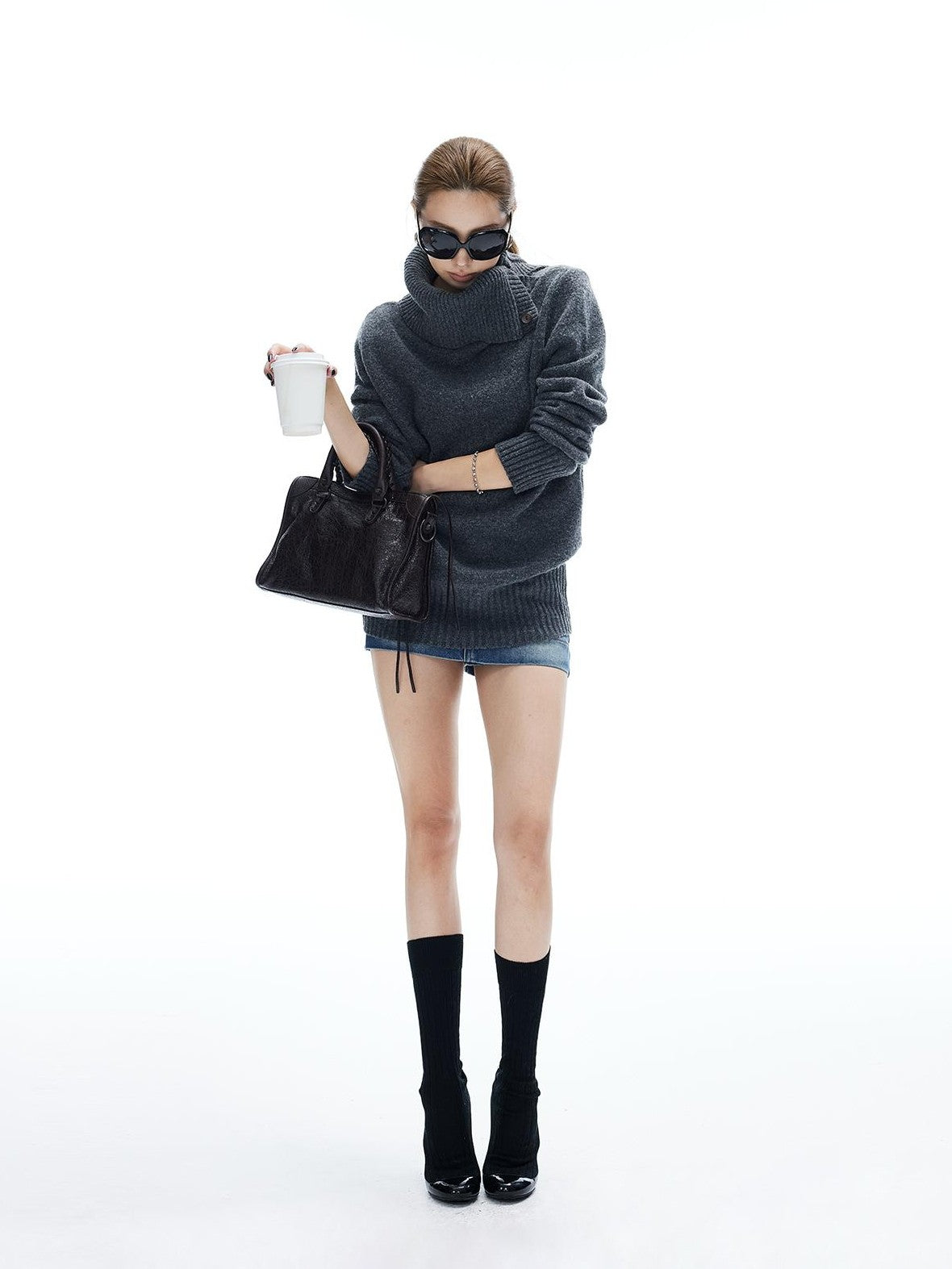iamxiaa Chunky Knit Buttoned Foldover Collar Women&