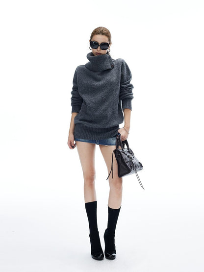 iamxiaa Chunky Knit Buttoned Foldover Collar Women&