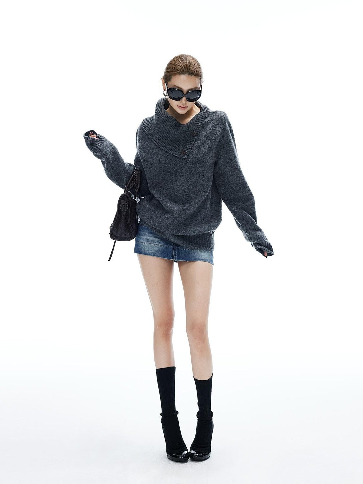 iamxiaa Chunky Knit Buttoned Foldover Collar Women&