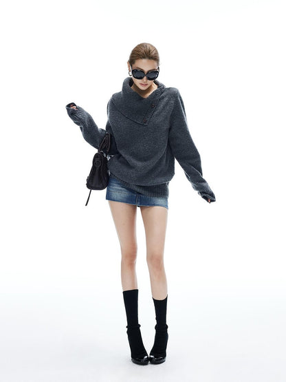 iamxiaa Chunky Knit Buttoned Foldover Collar Women&