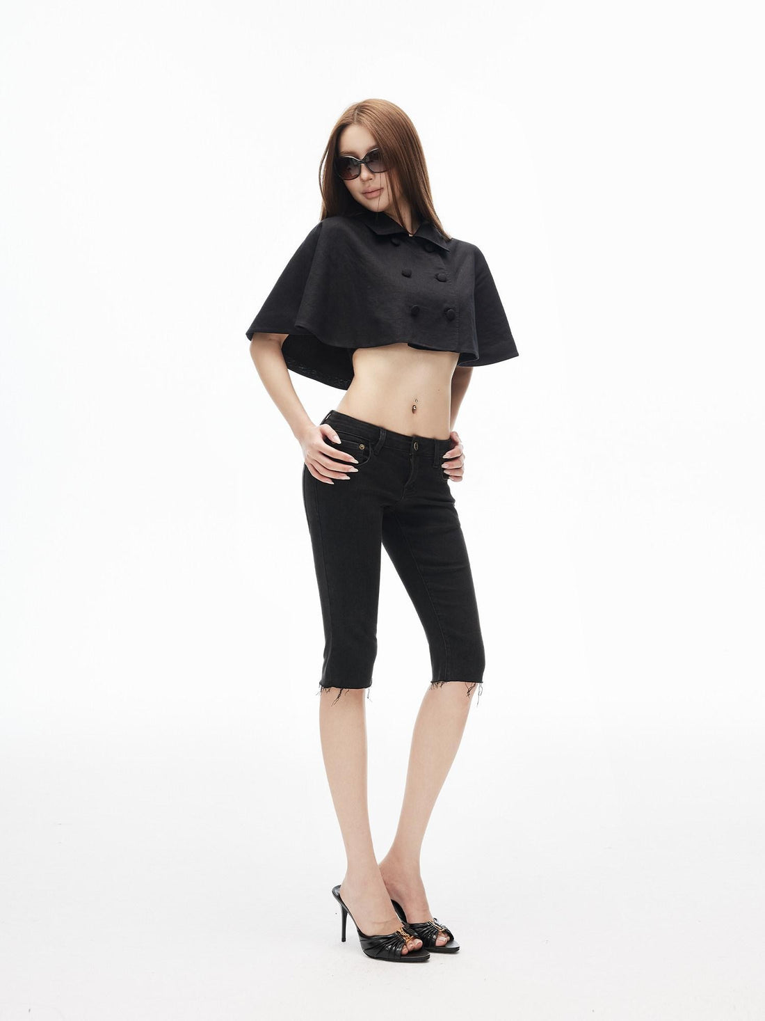 iamxiaa Classic Black Frayed Hem Low Rise Slight Stretch Women&