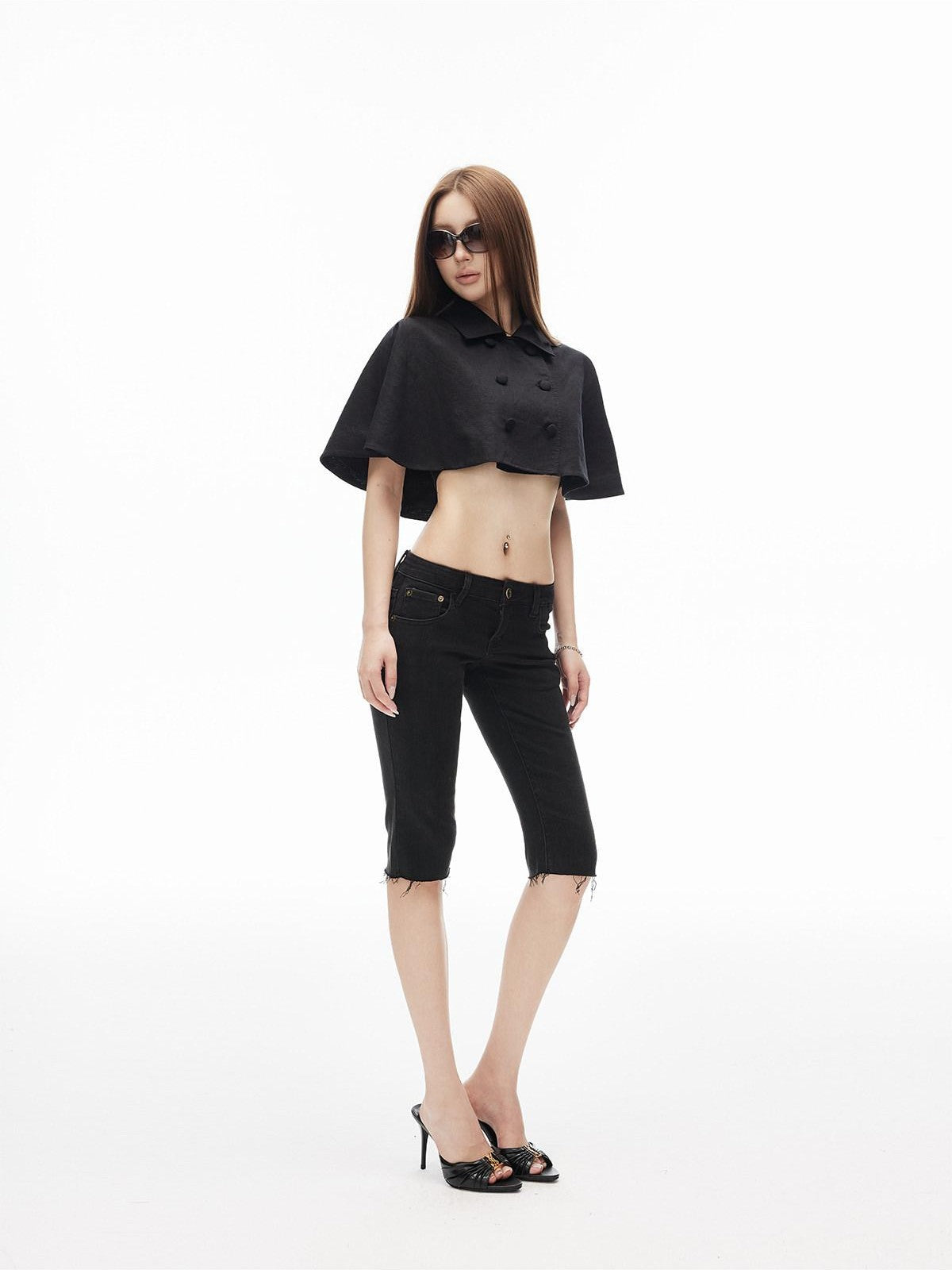 iamxiaa Classic Black Frayed Hem Low Rise Slight Stretch Women&
