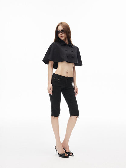 iamxiaa Classic Black Frayed Hem Low Rise Slight Stretch Women&