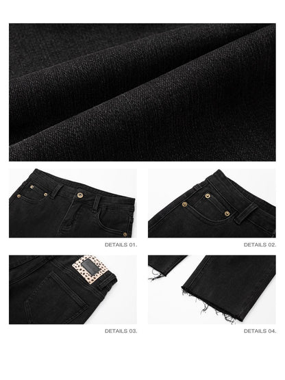 iamxiaa Classic Black Frayed Hem Low Rise Slight Stretch Women&