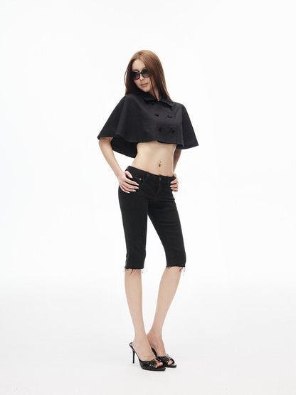 iamxiaa Classic Black Frayed Hem Low Rise Slight Stretch Women&