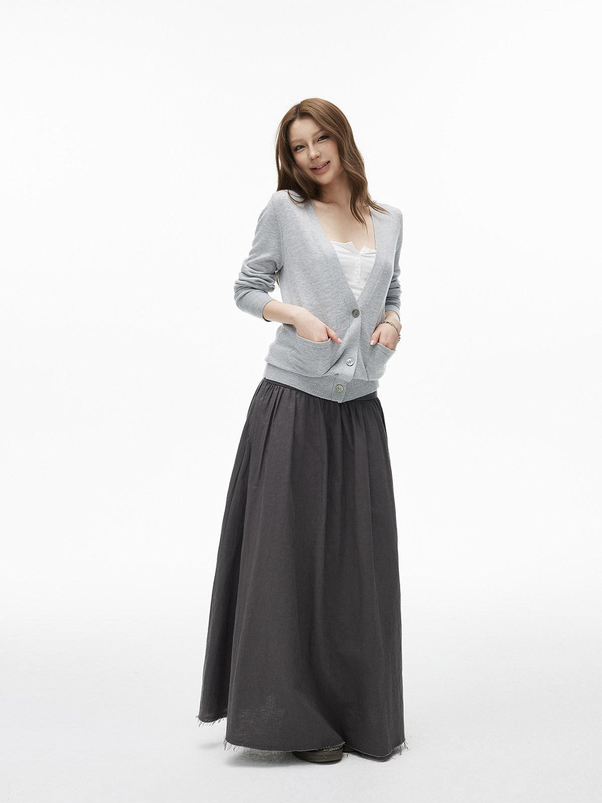 iamxiaa Cloudlike Deep V-neck Shell Buttons Ribbed Edge Women&