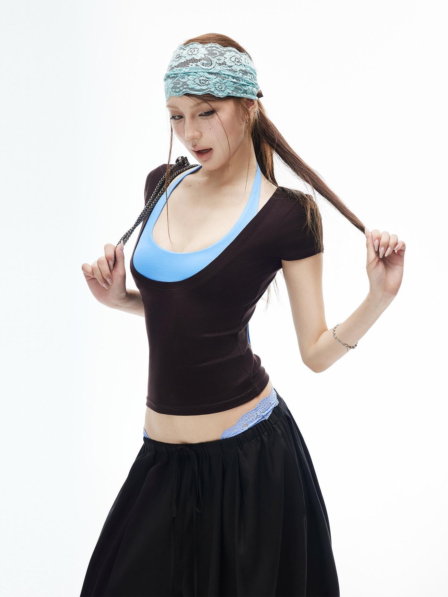 iamxiaa Coffee Blue Colorblock U Neck Padded Cami Slim Fit Women&
