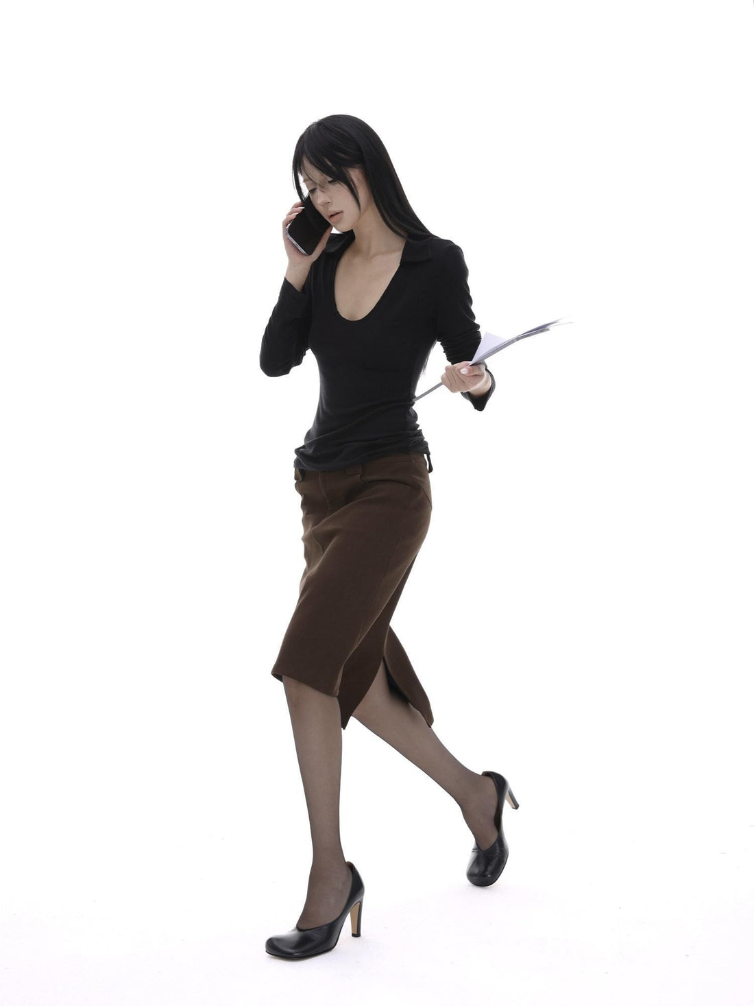 iamxiaa Coffee Brown Back Slit A Line Utilitarian Women&